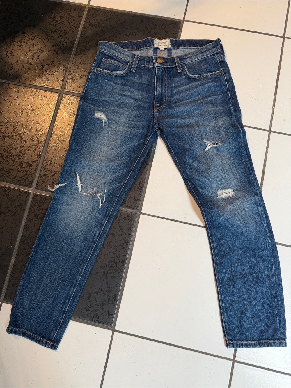 Current/Elliott Distressed Dark Blue Slim Straight Jeans